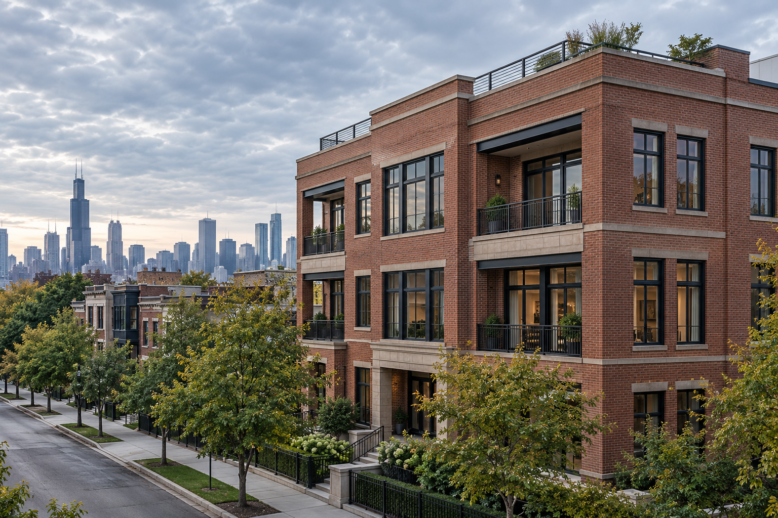 Illustrative Chicago brick residential buildings with flat roofs
