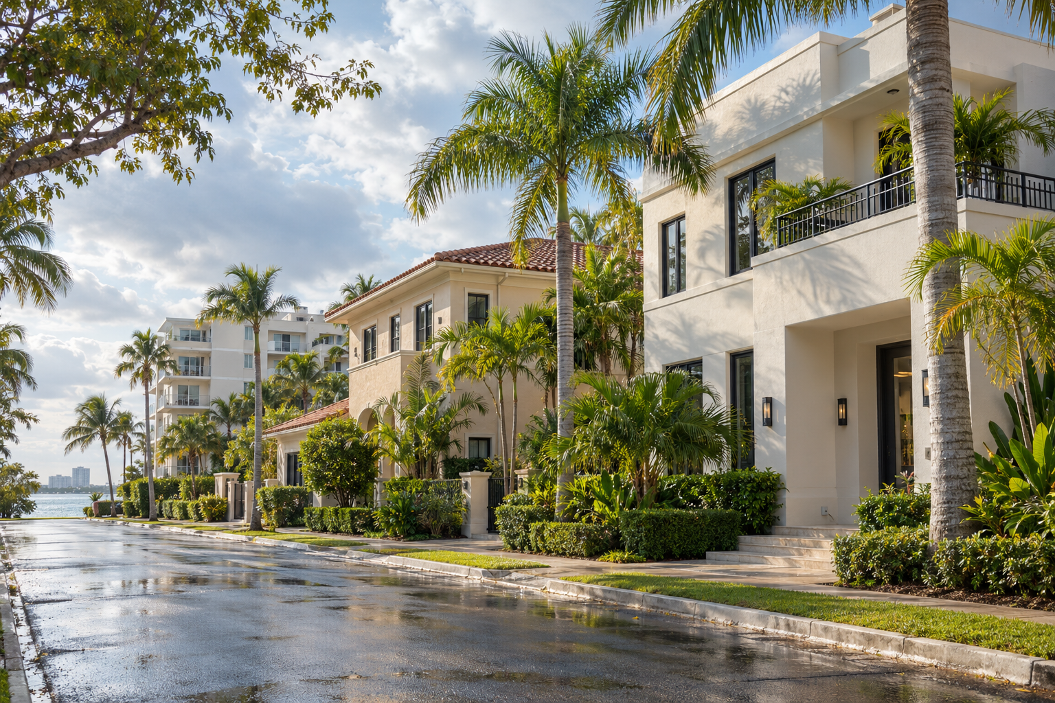 Illustrative Florida stucco homes with flat roofs, tiled roofs and tropical landscaping