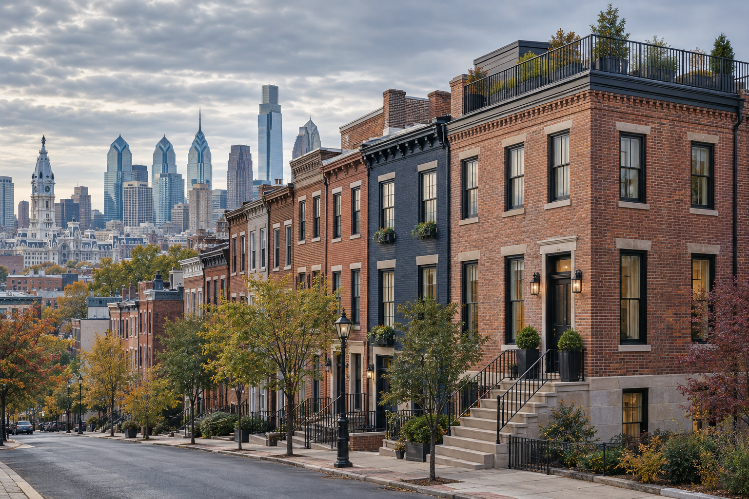Illustrative Philadelphia brick rowhouses with flat roofs and a renovated rooftop deck